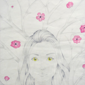 A face of woman with yellow eyes with tree branches behind her with pink flowers