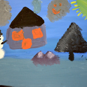 A house, sun, moon, snowman, mountains, tree and a smiley face