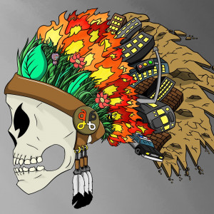 A skull head piled up with a crown of greenery, fire, city and deserted land