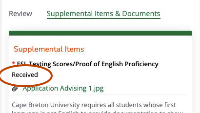 supplemental items highlighted as received after uploading relevant documents