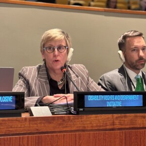 Photo of Janet Lord Delivering Civil Society Statement for the Disability Rights and Disarmament Initiative